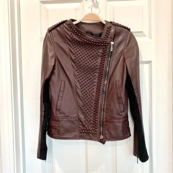 Nour Hammour Oxblood Red Erin Studded Real Leather Fitted Motorcycle Jacket - Picture 7 of 16